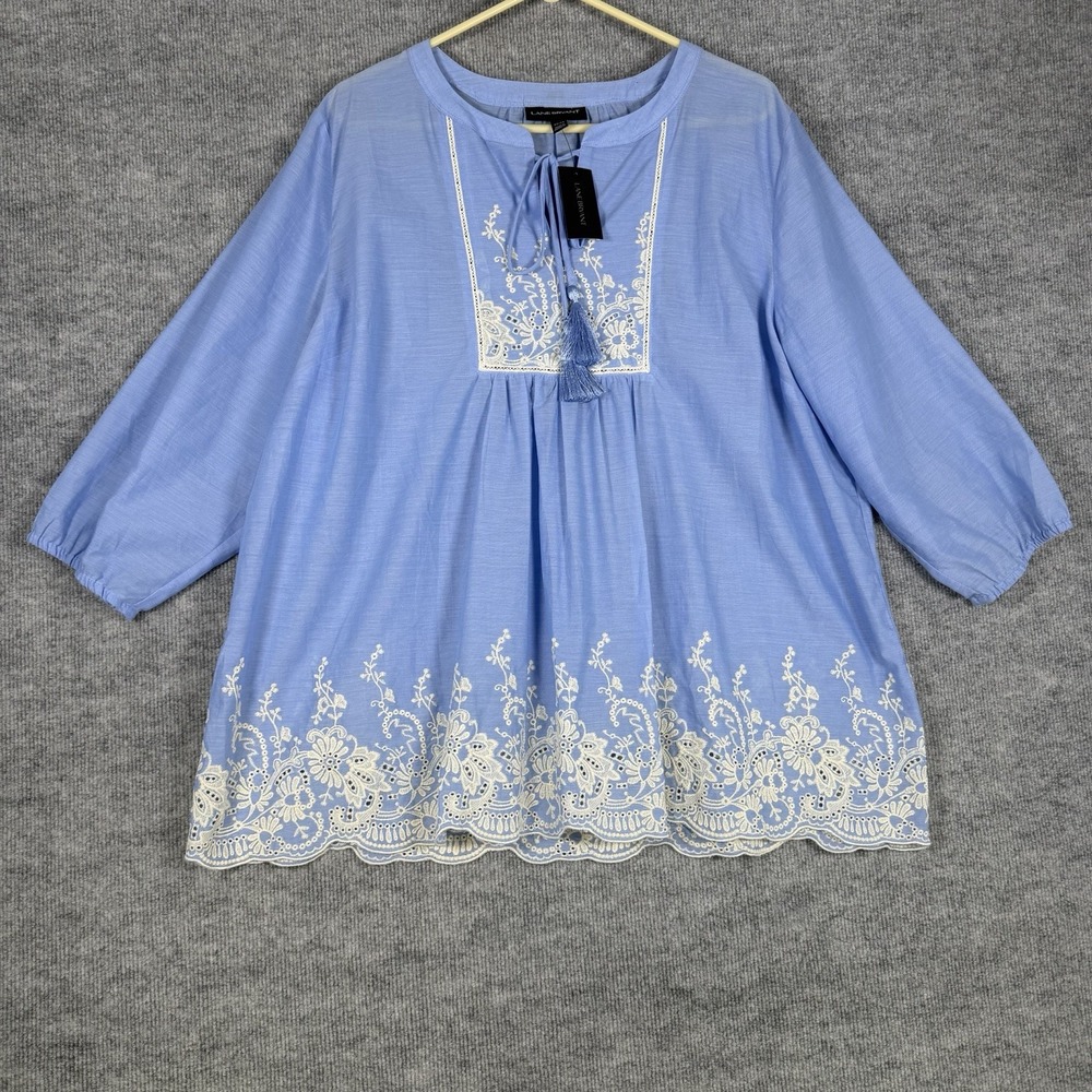 Lane Bryant Size-22/24 Women's Top Blouse Blue Embroidered Tassel Boho Cotton
